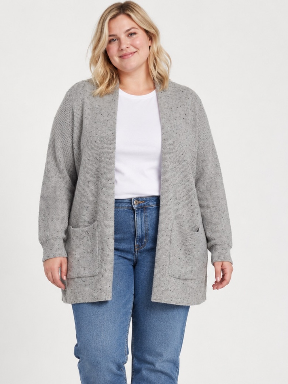Verve Ami Gray Long Sleeve Open Front Cardigan Waffle Knit Sweater Pockets 1X